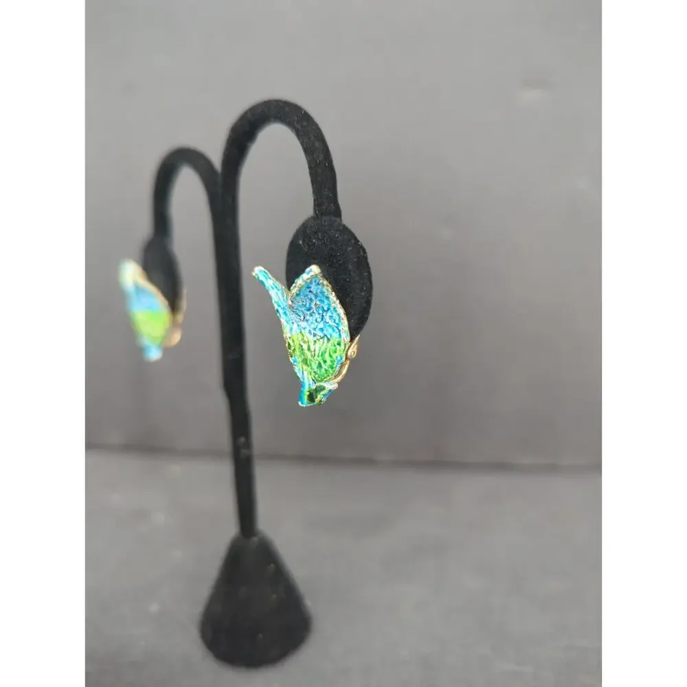 Handmade Blue & Green Leaf Paper Mache Clip On Dangle Earrings Retro Fairycore